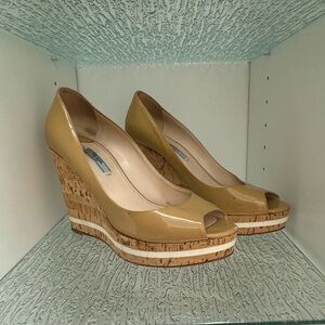 PRADA “Vern Cork” Peep Toe Wedge Beige SIZE 39/ US 8.5